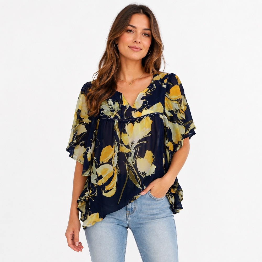 Harlow & Rose Floral Flutter Sleeve Blouse Large Navy Yellow Crochet V-Neck Top